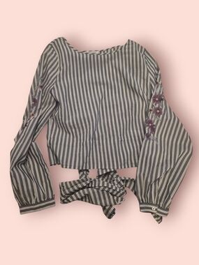 DIZZY LIZZY-Women Striped Blouse Embroidered Floral Sleeve Top Boho Long Sleeve